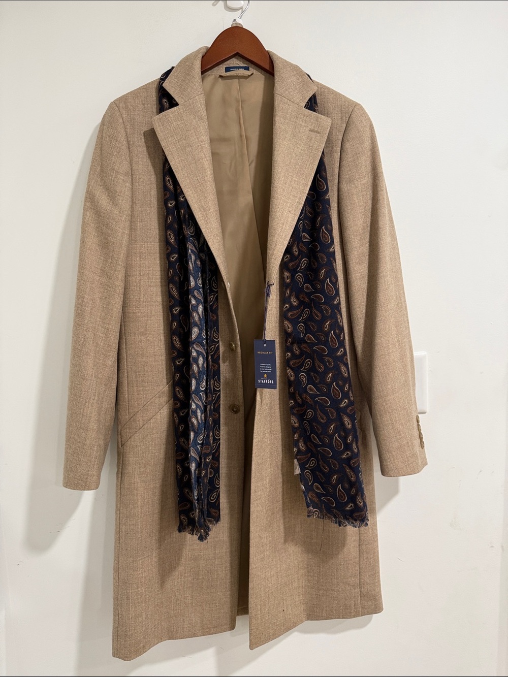 Stafford Beige Men's Overcoat with Navy Paisley Scarf